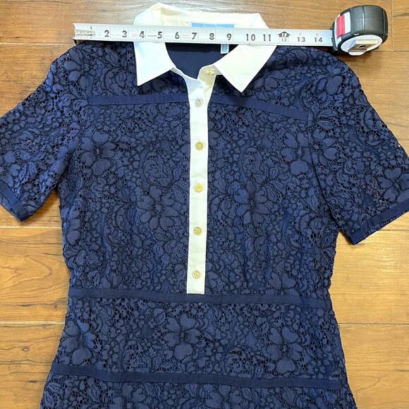Draper James Meadow Lace Dress Navy Lace Collared Fit Flare Knee Length Size 6 - Picture 7 of 13